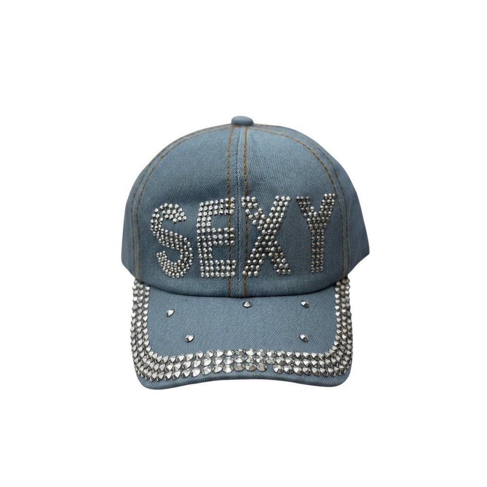 Nollia Baseball Cap Womens OS Blue Denim Rhinestone Sexy Studded Hat